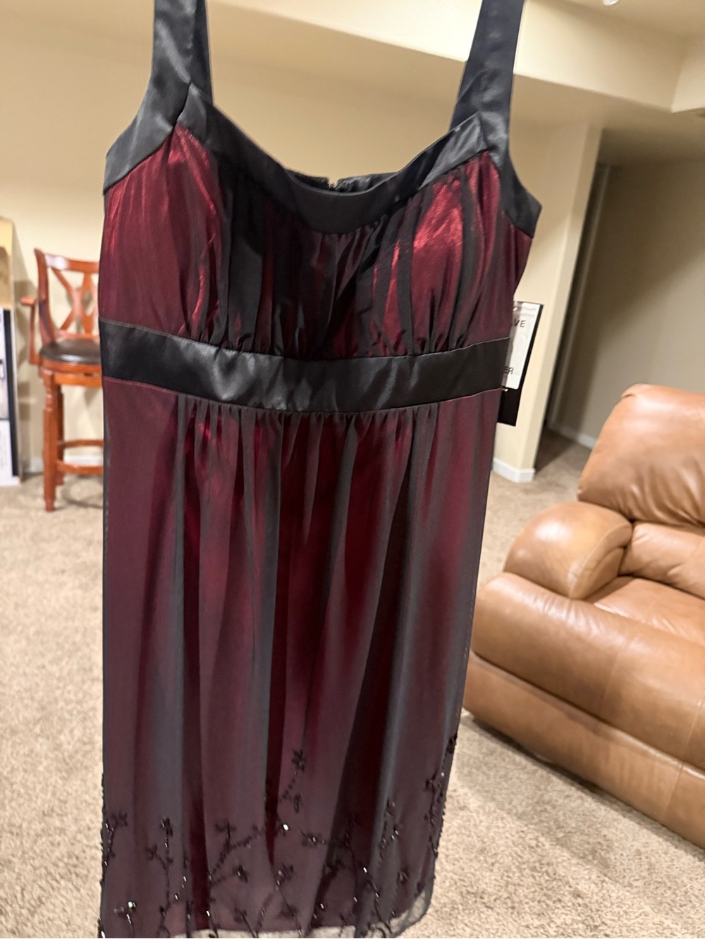 Elegant Burgundy and Black Satin-Trim Cocktail Dress Size 10